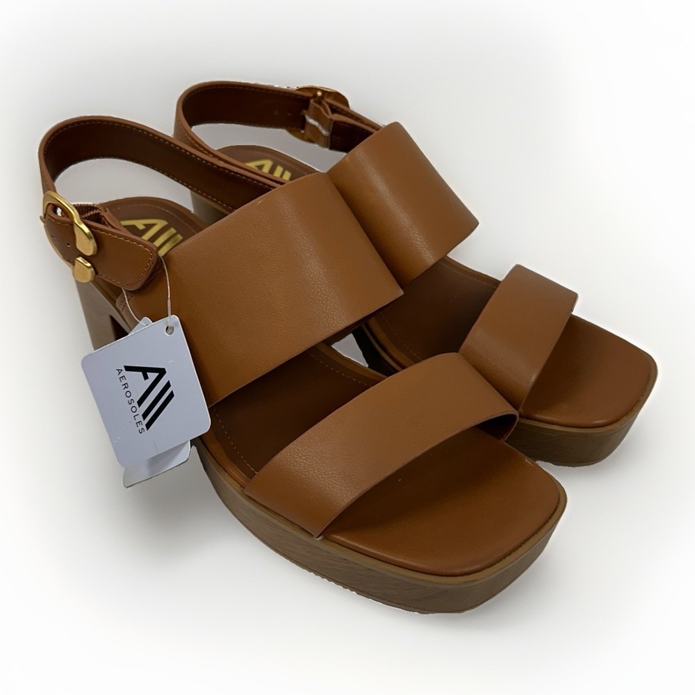 Aerosoles Tara Women 11W Tan Platform Block Heel Sandals Wide Comfort NWT